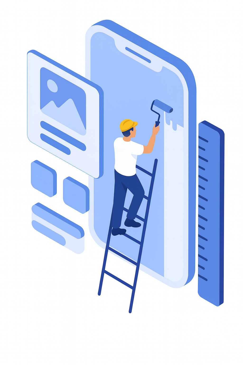 Illustration: Entwickler streicht eine App-Oberfläche